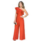 Women Elegant Solid One Shoulder Wide Leg Jumpsuit Ruffle Jumpsuit, Fashion Solid jumpsuits For Spring &Summer, women's Clothing