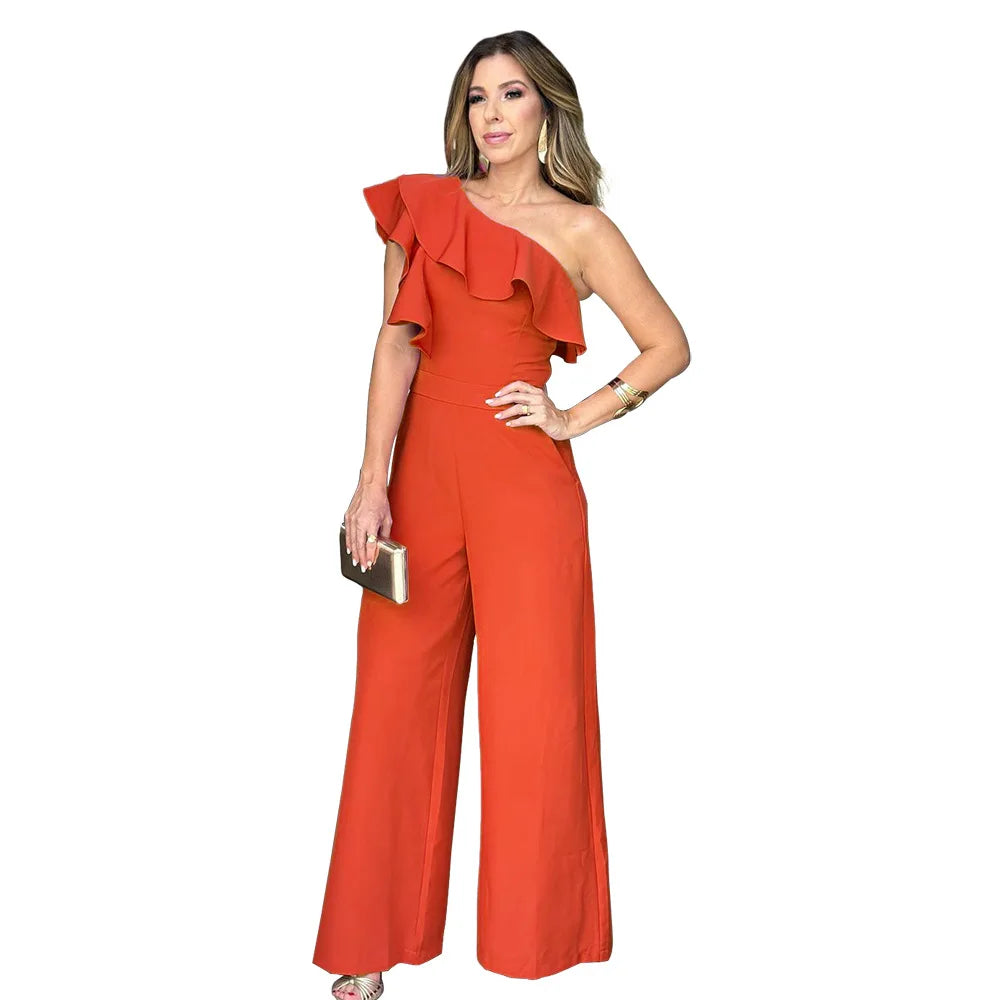 Women Elegant Solid One Shoulder Wide Leg Jumpsuit Ruffle Jumpsuit, Fashion Solid jumpsuits For Spring &Summer, women's Clothing