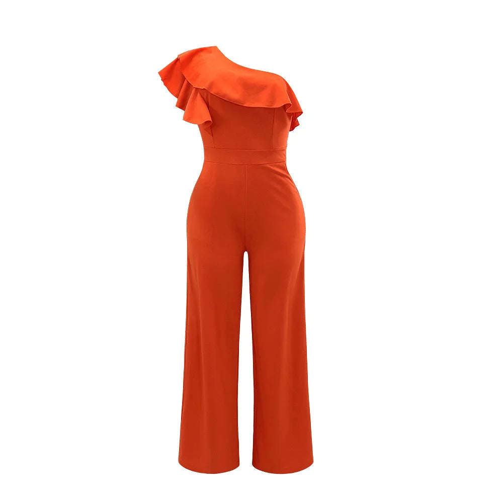 Women Elegant Solid One Shoulder Wide Leg Jumpsuit Ruffle Jumpsuit, Fashion Solid jumpsuits For Spring &Summer, women's Clothing