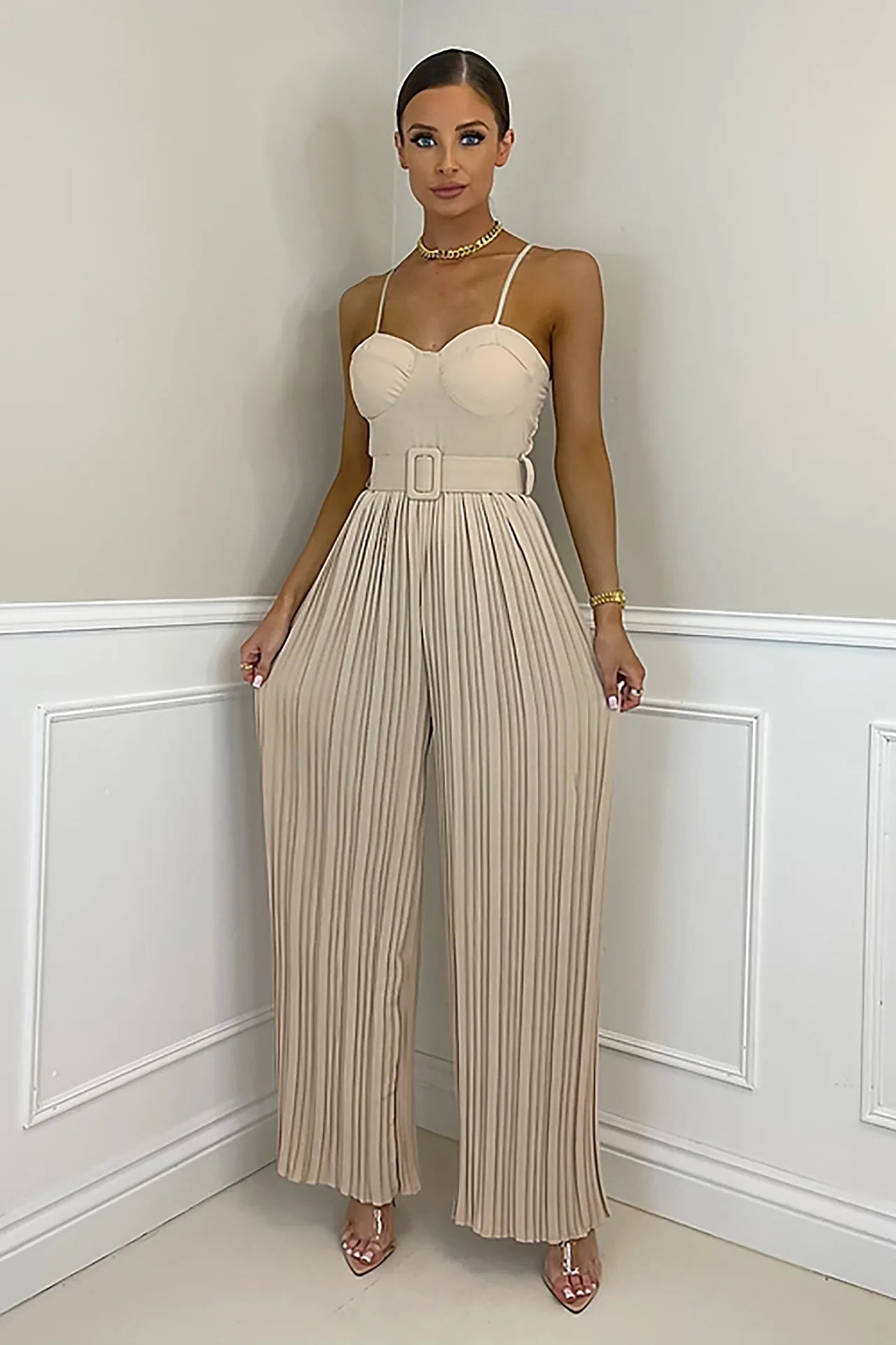 Summer Casual Suspenders Long Jumpsuit Women Fashion Solid  Sleeveless Sashes Pleated Wide Leg Jumpsuit Women