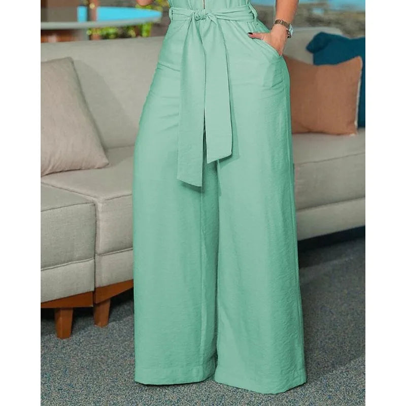 2024 Spring Summer New Women's Clothing Solid Color Shirt Collar Sleeveless Solid Color Zipper Strap Wide Leg Jumpsuit Pants