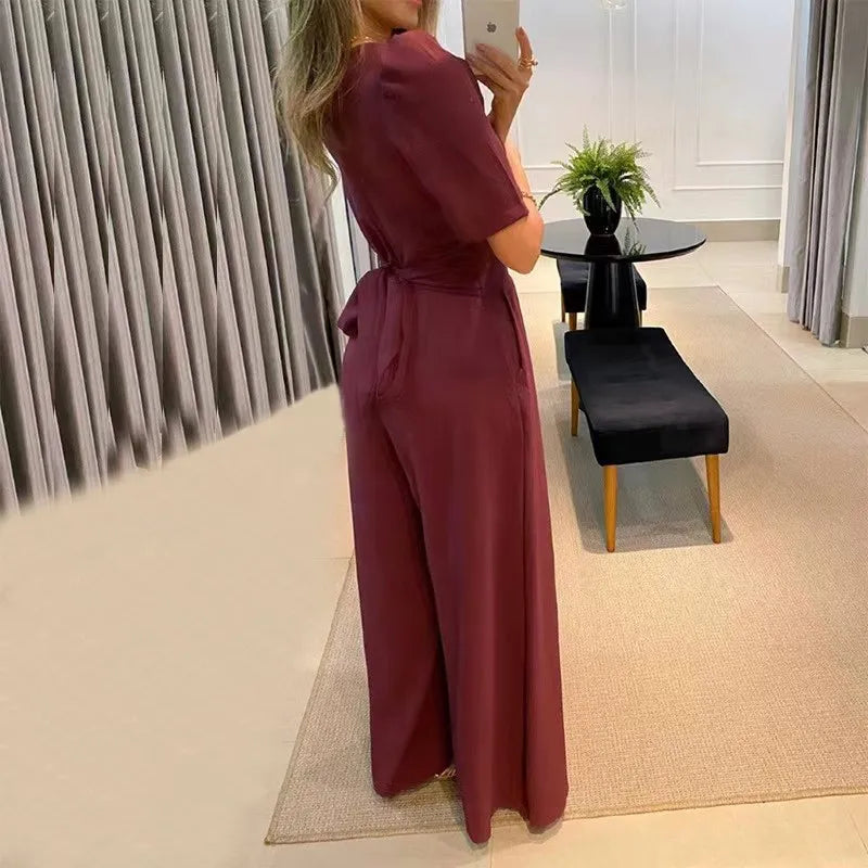 Spring Summer New Short Sleeves Jumpsuit Women Solid Color V-neck High Waist Wide Leg Jumpsuits Fashion Elegant Ladies Bodysuits