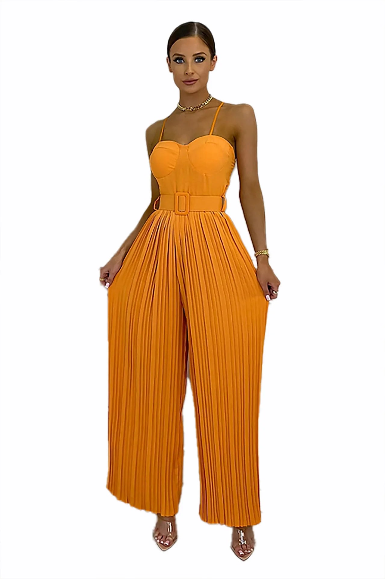 Summer Casual Suspenders Long Jumpsuit Women Fashion Solid  Sleeveless Sashes Pleated Wide Leg Jumpsuit Women