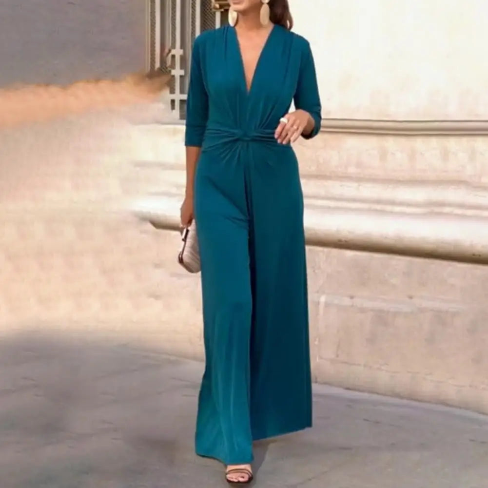 Women Loose Jumpsuit Deep V-neck Long Sleeve Jumpsuit Front Knot High Waist Wide Leg Casual Romper Workwear macacão feminino