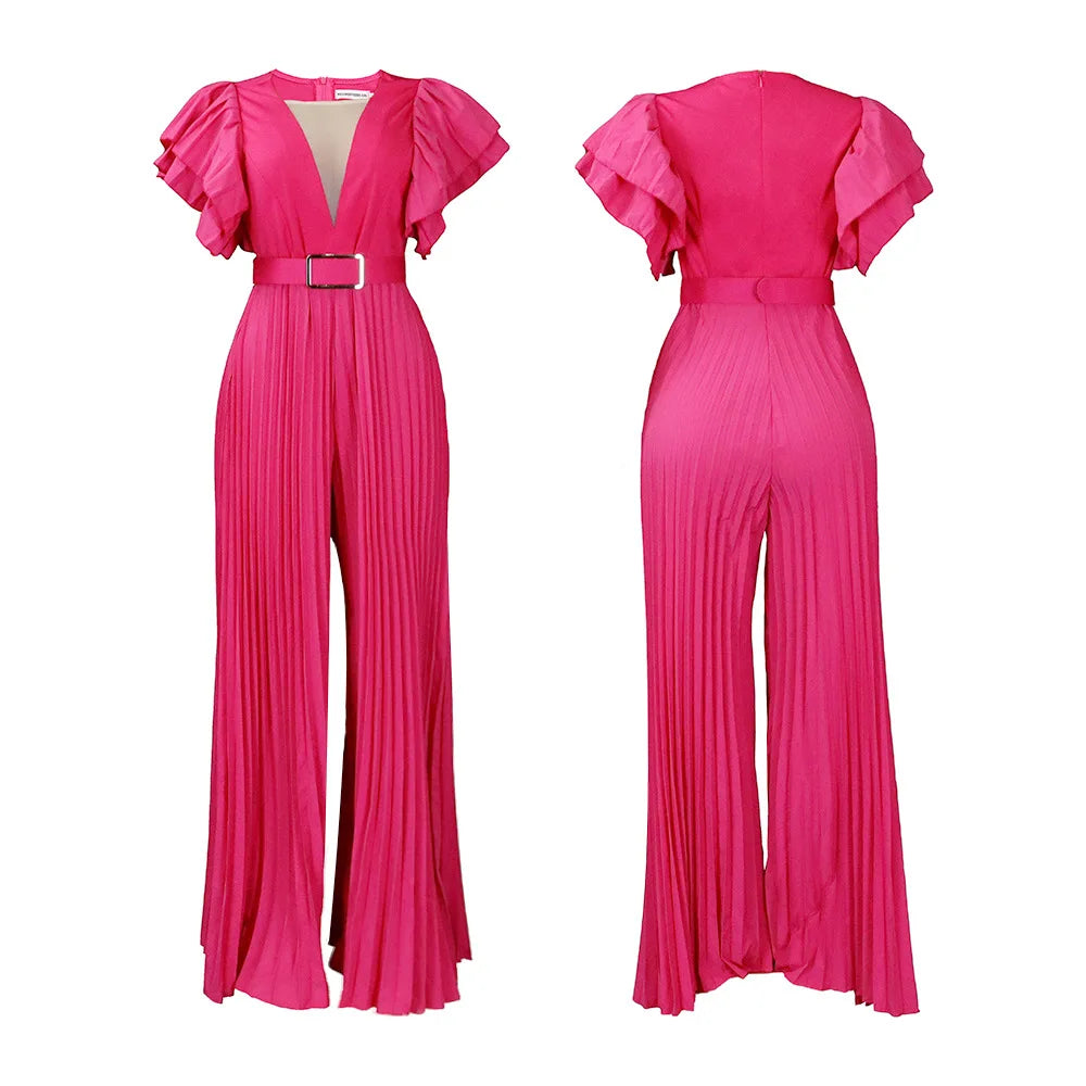 Women's 2024 summer new fashion patchwork sexy pleated high waist loose wide leg jumpsuit