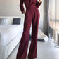 Women Jumpsuits Long Sleeve V Neck Rompers Overalls One Piece Wide Leg Pants Slight Strech Office Lady Solid New Chinese