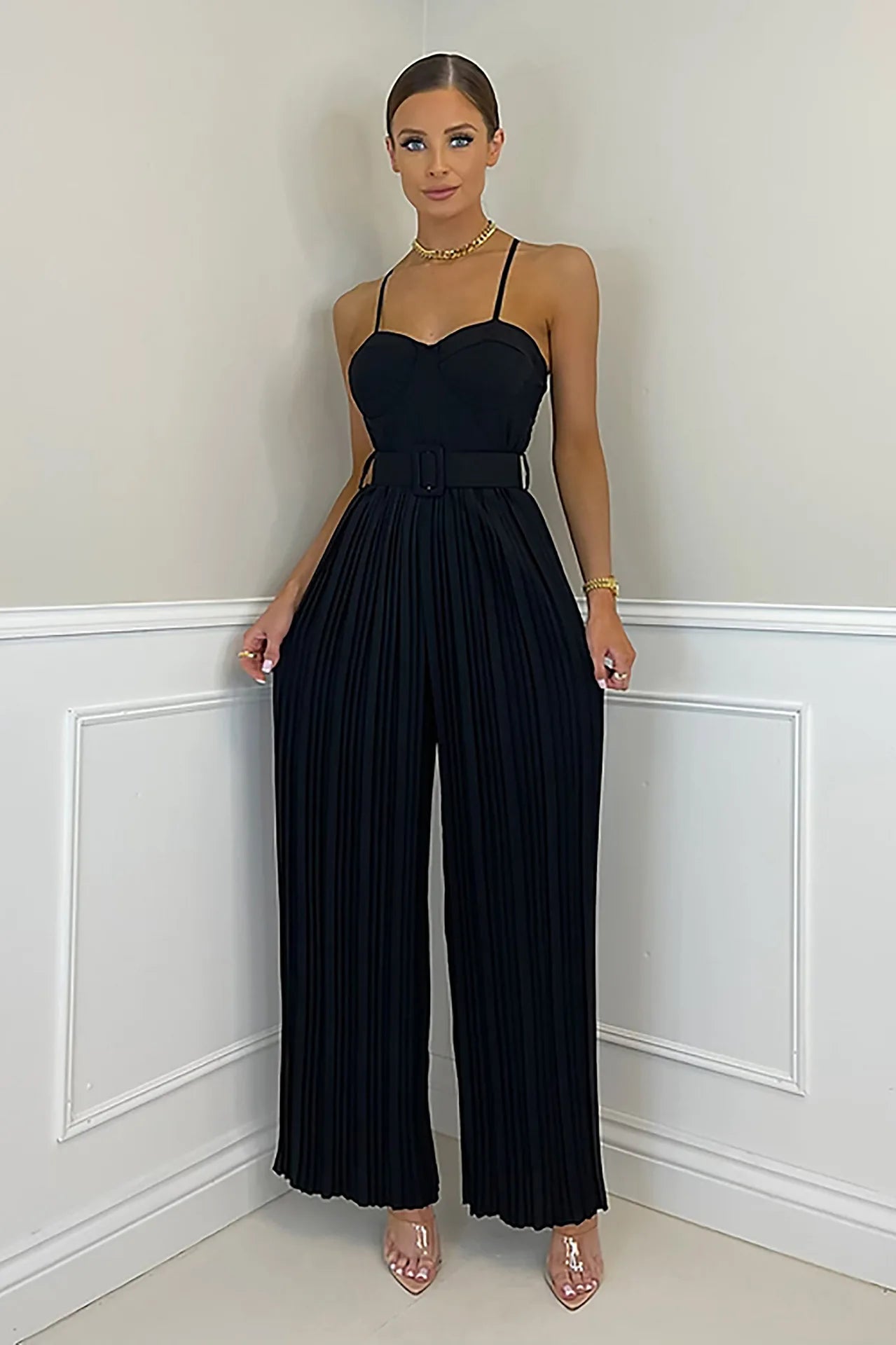 Summer Casual Suspenders Long Jumpsuit Women Fashion Solid  Sleeveless Sashes Pleated Wide Leg Jumpsuit Women