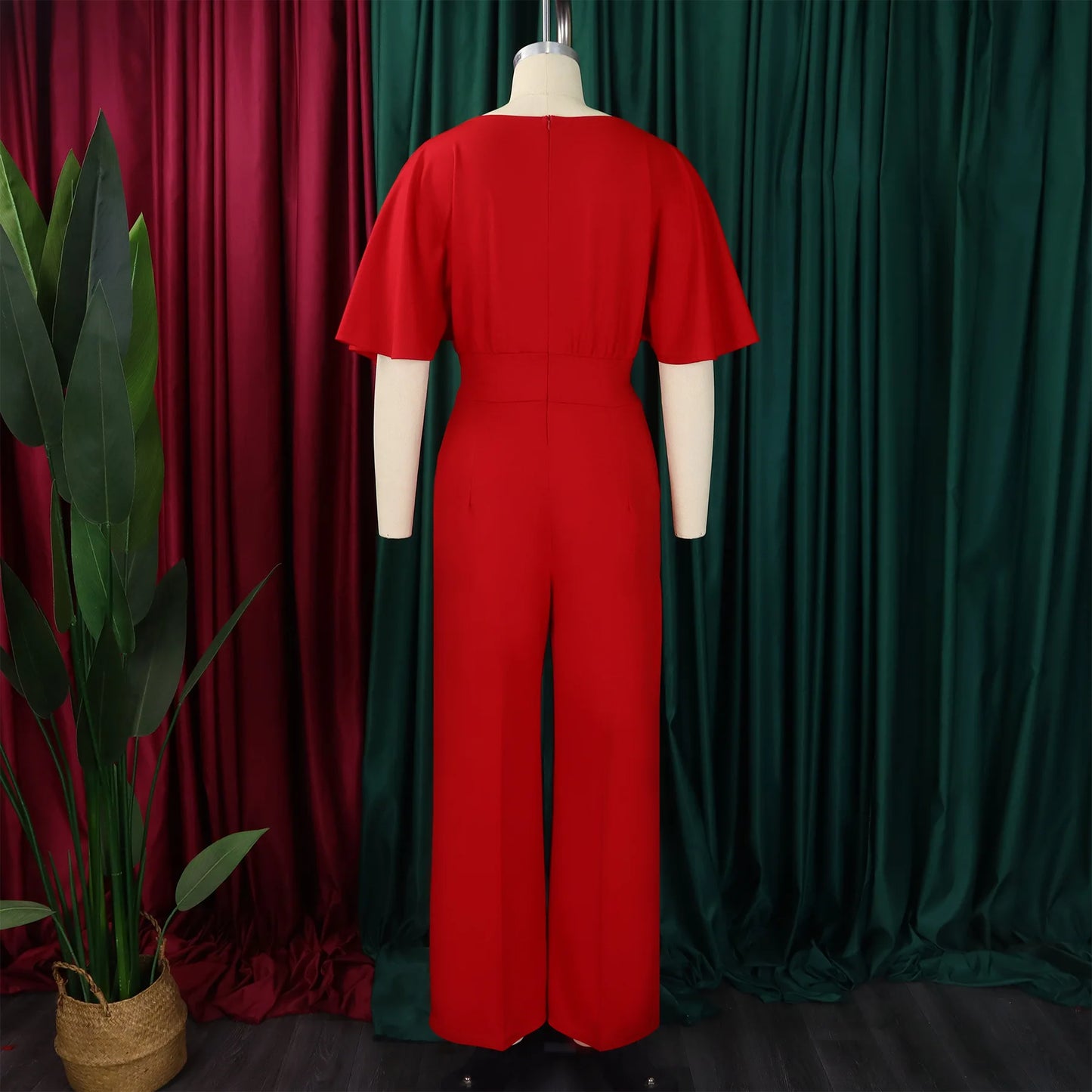 Round neck solid color high waist jumpsuit