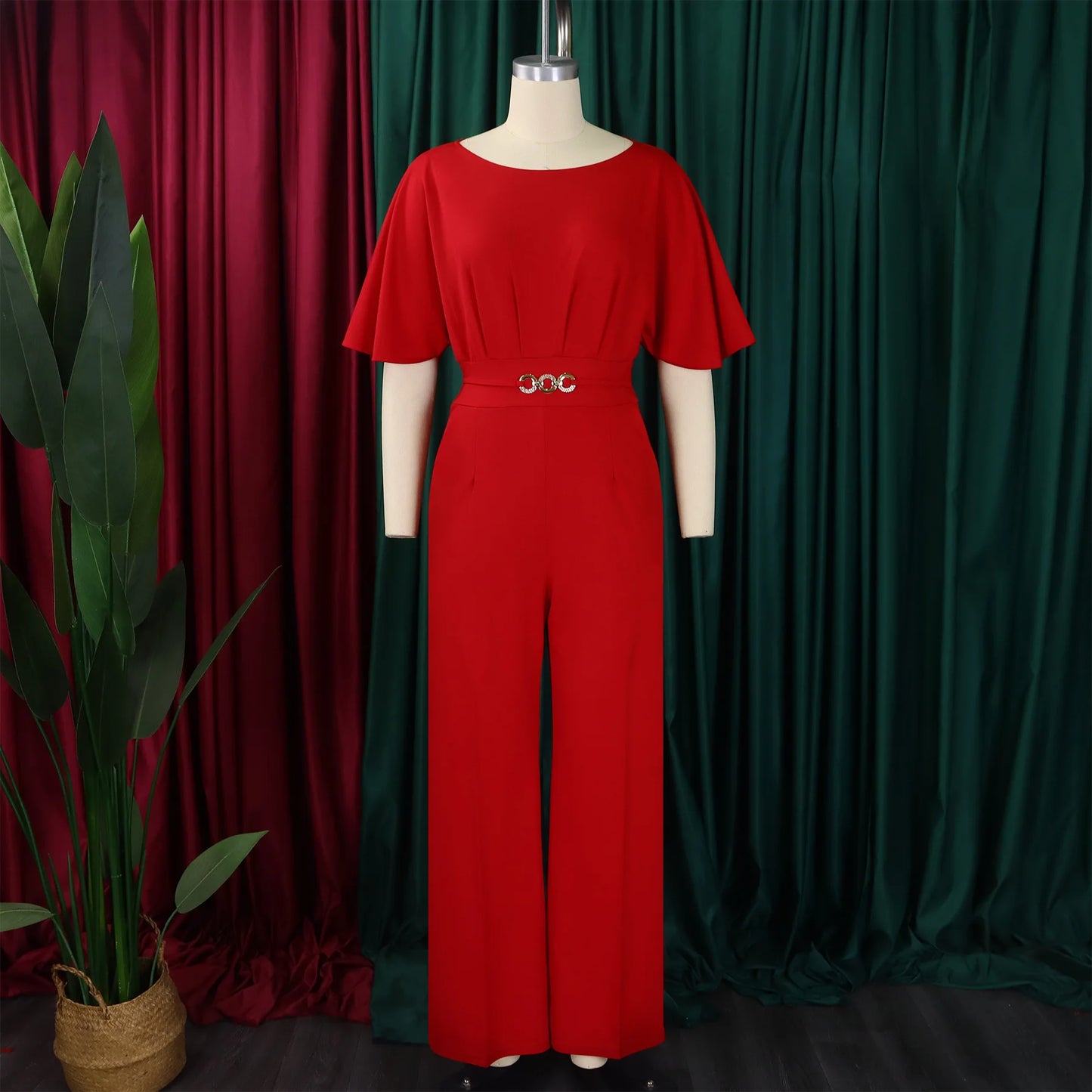 Round neck solid color high waist jumpsuit