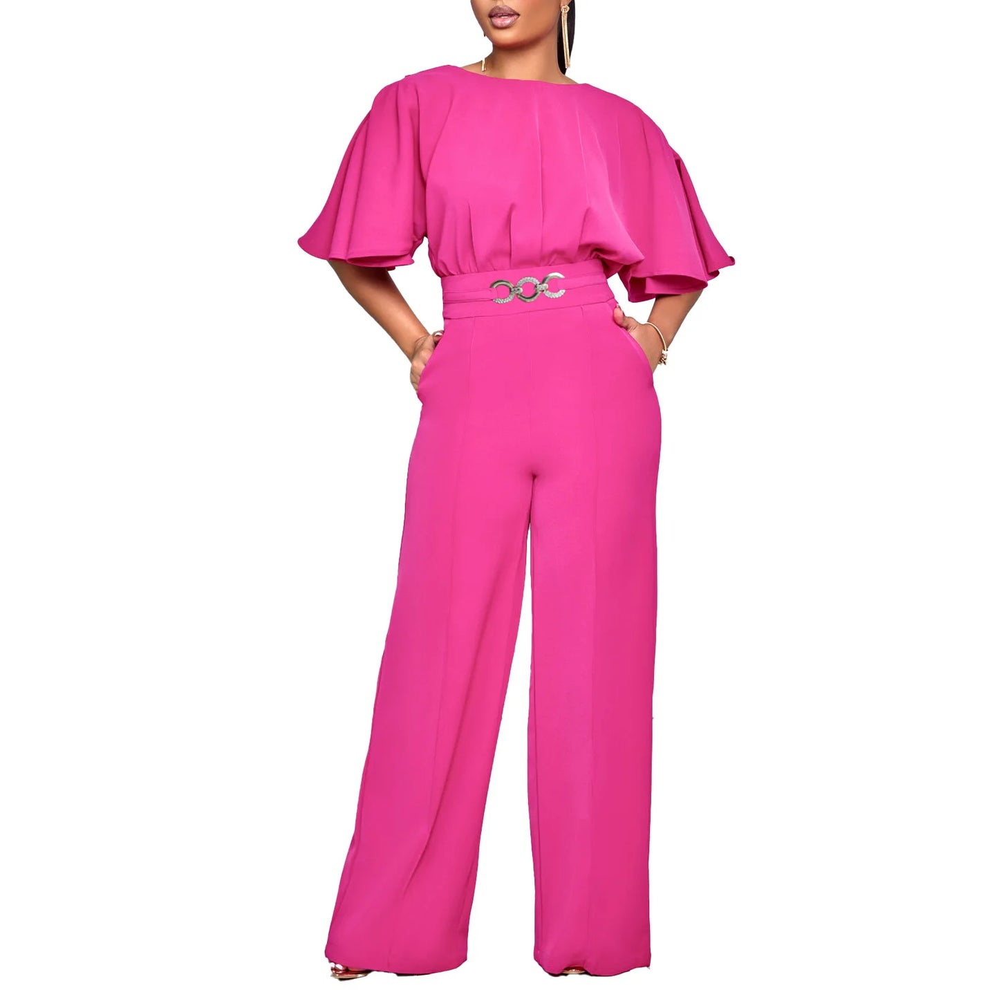 Round neck solid color high waist jumpsuit