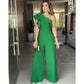 Women Elegant Solid One Shoulder Wide Leg Jumpsuit Ruffle Jumpsuit, Fashion Solid jumpsuits For Spring &Summer, women's Clothing