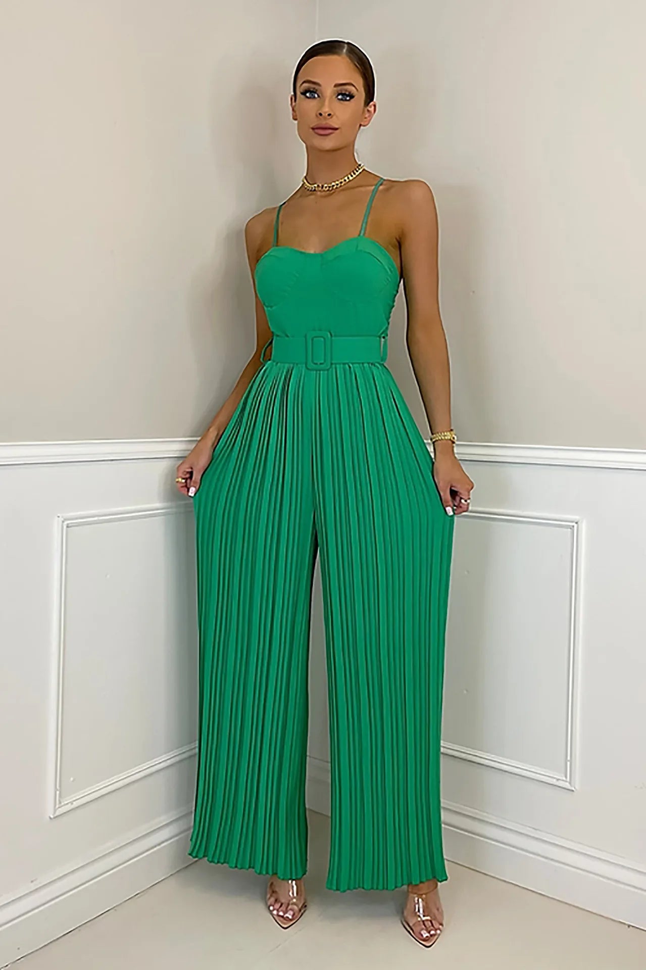 Summer Casual Suspenders Long Jumpsuit Women Fashion Solid  Sleeveless Sashes Pleated Wide Leg Jumpsuit Women