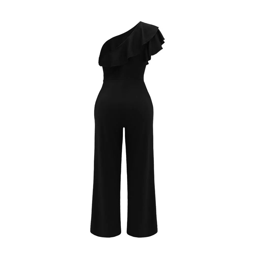 Women Elegant Solid One Shoulder Wide Leg Jumpsuit Ruffle Jumpsuit, Fashion Solid jumpsuits For Spring &Summer, women's Clothing