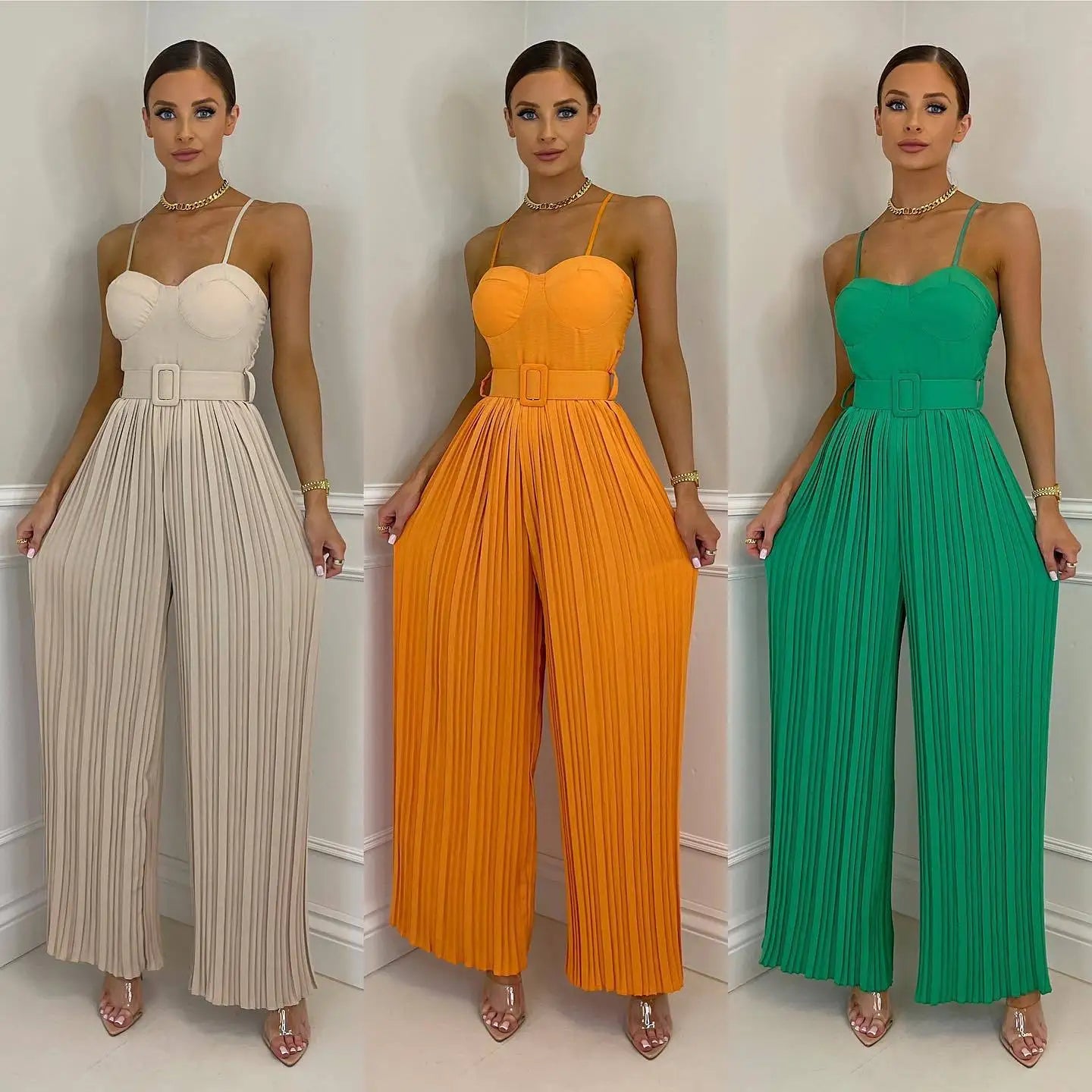 Summer Casual Suspenders Long Jumpsuit Women Fashion Solid  Sleeveless Sashes Pleated Wide Leg Jumpsuit Women