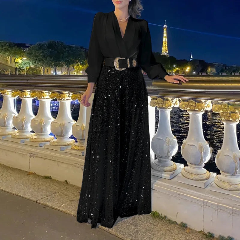 Women's Jumpsuit Fashion V-Neck Long Sleeved Shirt with Elegant Temperament and Sequin Wide Leg Pants for Spring/summer 2024