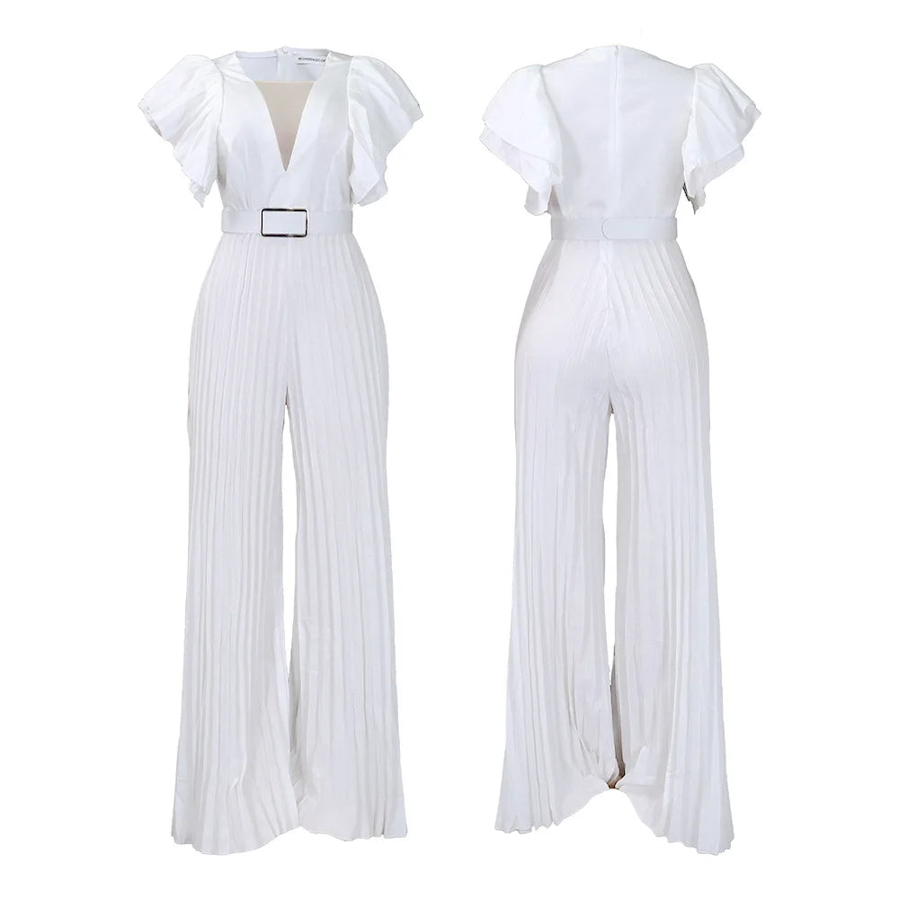 Women's 2024 summer new fashion patchwork sexy pleated high waist loose wide leg jumpsuit