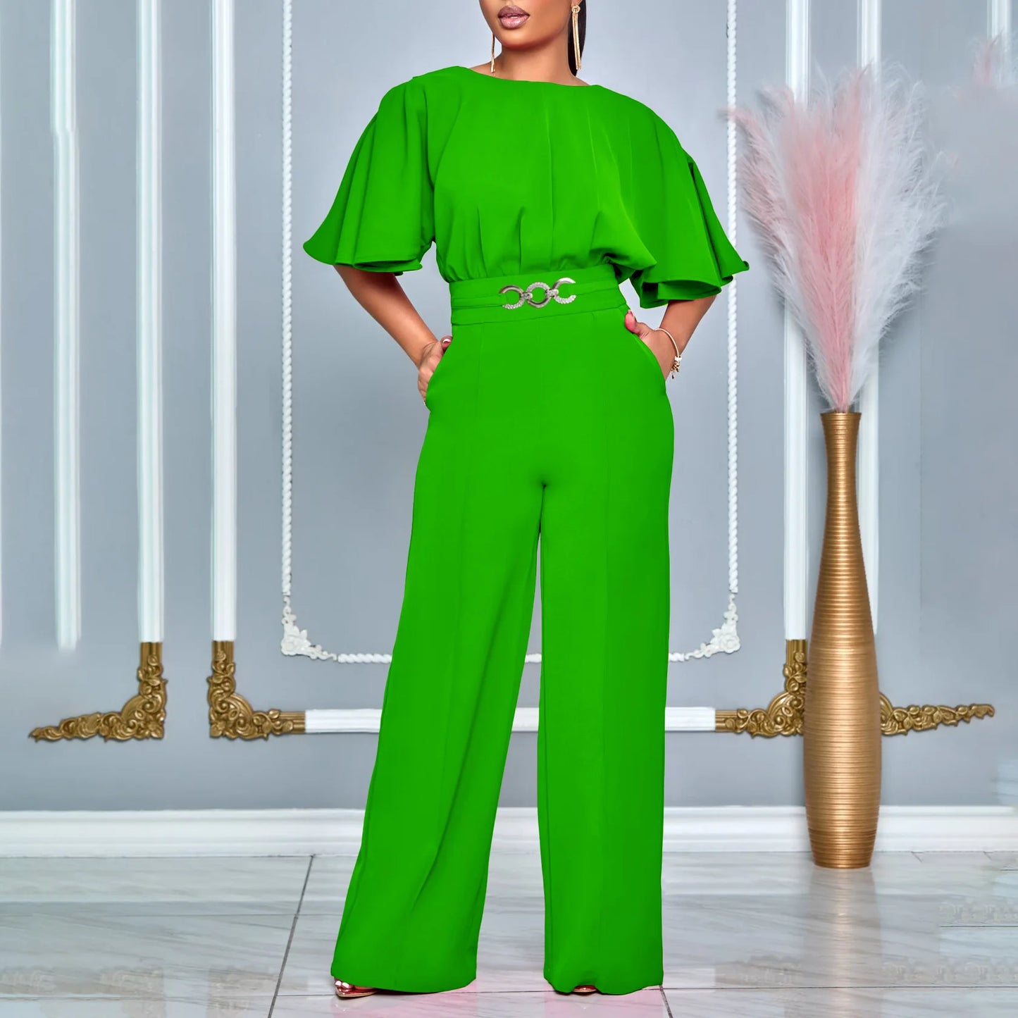 Round neck solid color high waist jumpsuit