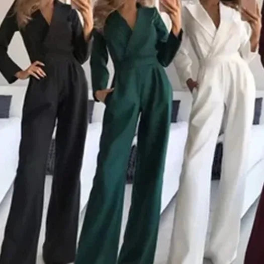 Women Jumpsuits Long Sleeve V Neck Rompers Overalls One Piece Wide Leg Pants Slight Strech Office Lady Solid New Chinese