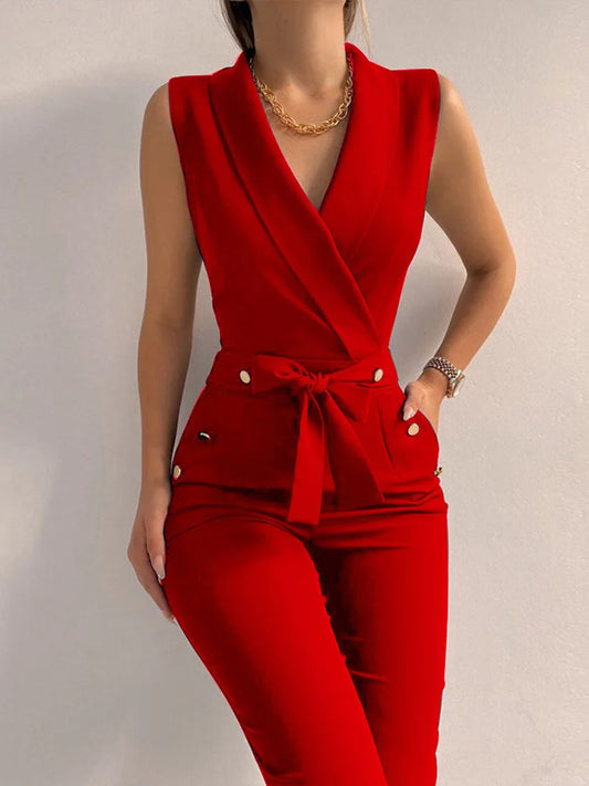 Summer Women's Sleeveless Jumpsuit Casual Sexy V-neck Sleeveless Jumpsuit Solid Color Button Up Wide Leg Pants