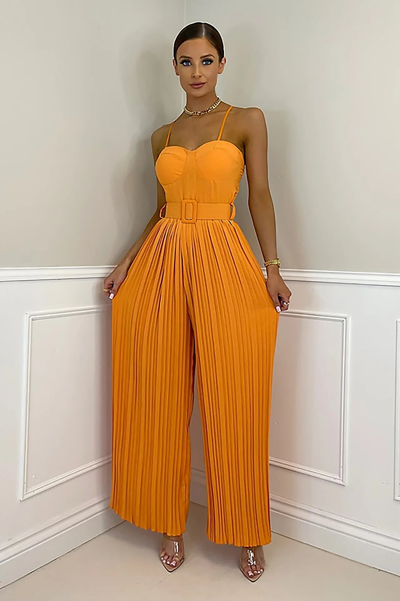 Summer Casual Suspenders Long Jumpsuit Women Fashion Solid  Sleeveless Sashes Pleated Wide Leg Jumpsuit Women