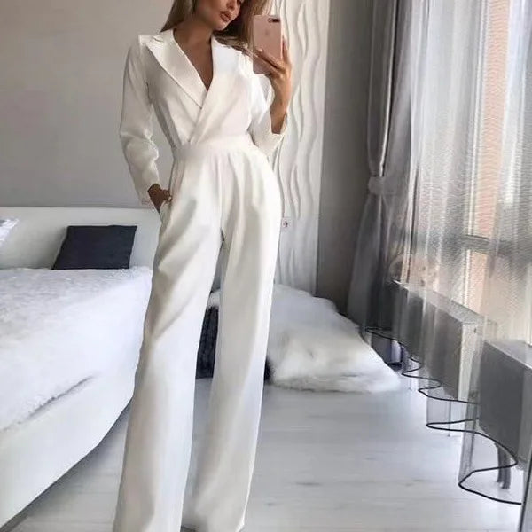 Women Jumpsuits Long Sleeve V Neck Rompers Overalls One Piece Wide Leg Pants Slight Strech Office Lady Solid New Chinese