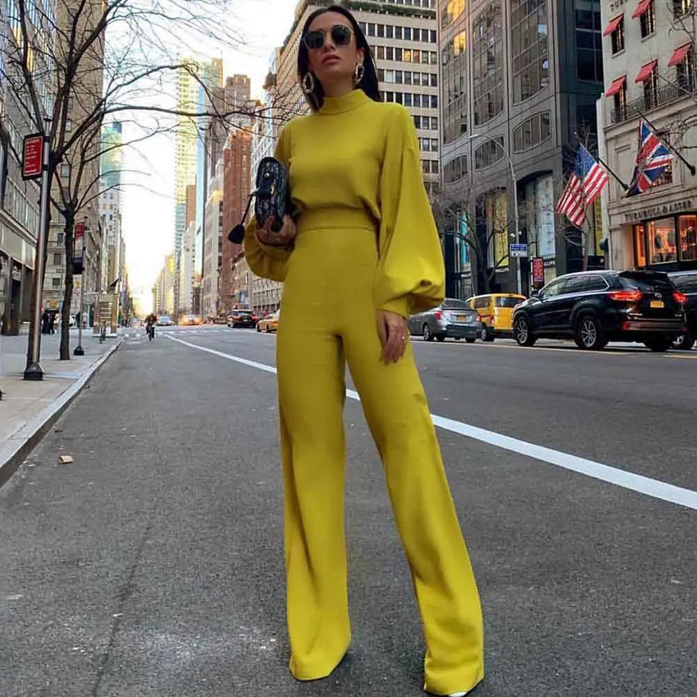 Wide Leg Pant Jumpsuit Women Fashion Stand Neck Lantern Sleeve Rompers Autumn Winter Casual High Waist Jumpsuits Black