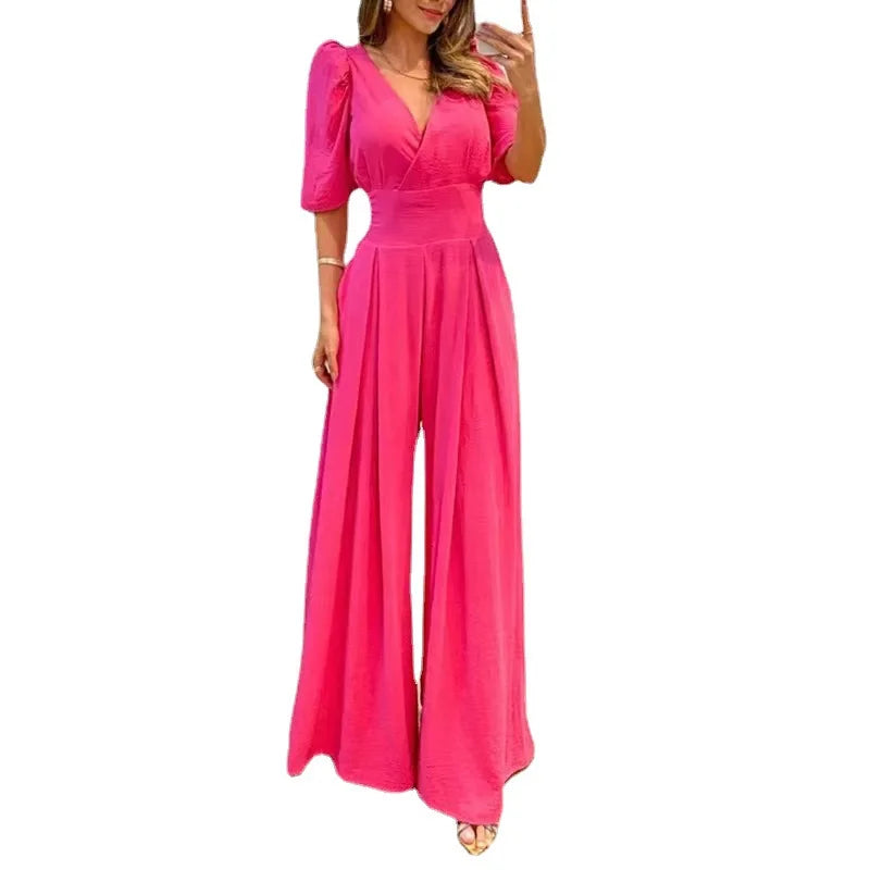 Spring Summer New Short Sleeves Jumpsuit Women Solid Color V-neck High Waist Wide Leg Jumpsuits Fashion Elegant Ladies Bodysuits