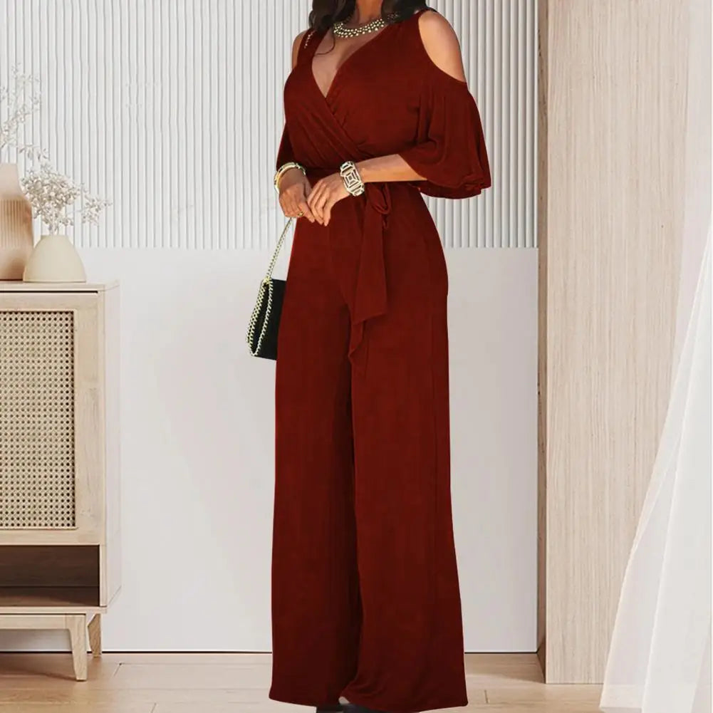 Women's S-2XL size Spring Summer Women's Fashion V-neck Short Sleeve Jumpsuit Ladies Casual Belt Solid Color Jumpsuit