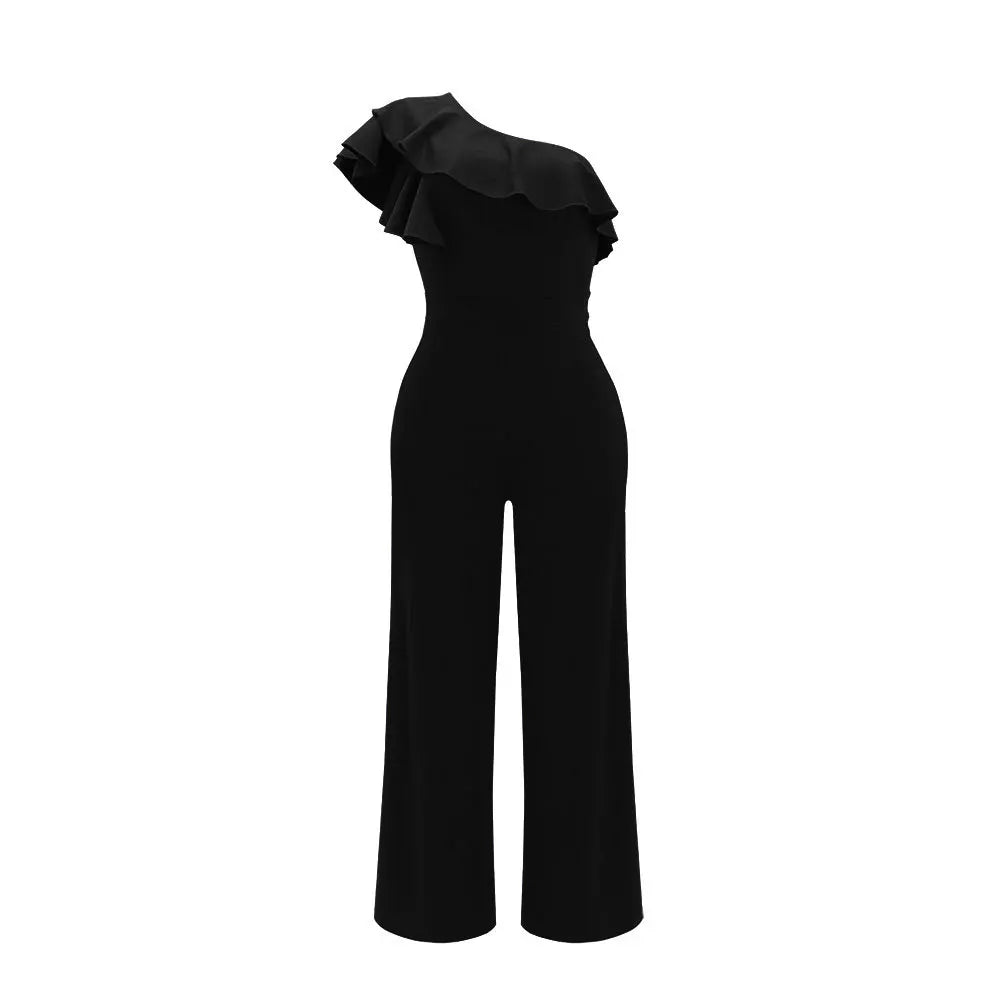 Women Elegant Solid One Shoulder Wide Leg Jumpsuit Ruffle Jumpsuit, Fashion Solid jumpsuits For Spring &Summer, women's Clothing