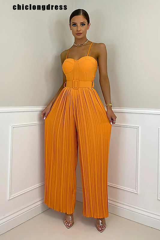 Summer Casual Suspenders Long Jumpsuit Women Fashion Solid  Sleeveless Sashes Pleated Wide Leg Jumpsuit Women