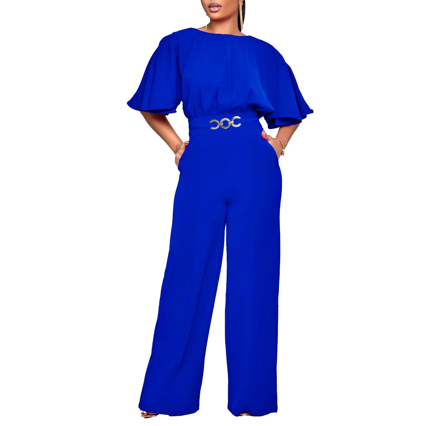 Round neck solid color high waist jumpsuit