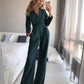 Women Jumpsuits Long Sleeve V Neck Rompers Overalls One Piece Wide Leg Pants Slight Strech Office Lady Solid New Chinese