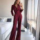 Women Jumpsuits Long Sleeve V Neck Rompers Overalls One Piece Wide Leg Pants Slight Strech Office Lady Solid New Chinese