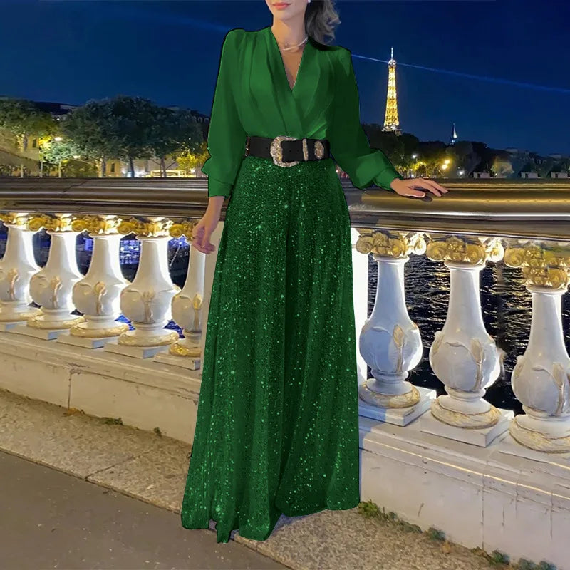 Women's Jumpsuit Fashion V-Neck Long Sleeved Shirt with Elegant Temperament and Sequin Wide Leg Pants for Spring/summer 2024