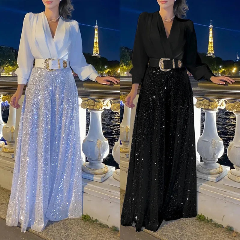 Women's Jumpsuit Fashion V-Neck Long Sleeved Shirt with Elegant Temperament and Sequin Wide Leg Pants for Spring/summer 2024