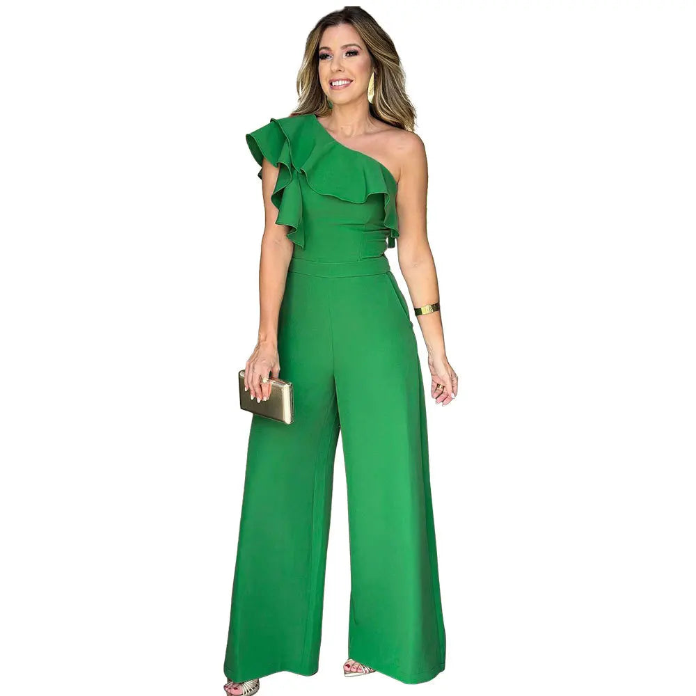 Women Elegant Solid One Shoulder Wide Leg Jumpsuit Ruffle Jumpsuit, Fashion Solid jumpsuits For Spring &Summer, women's Clothing