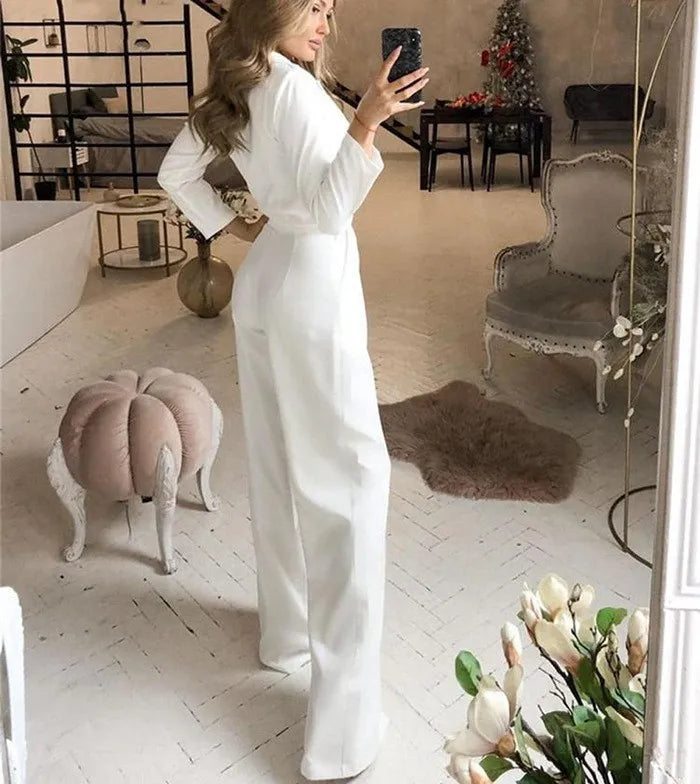 Women Jumpsuits Long Sleeve V Neck Rompers Overalls One Piece Wide Leg Pants Slight Strech Office Lady Solid New Chinese