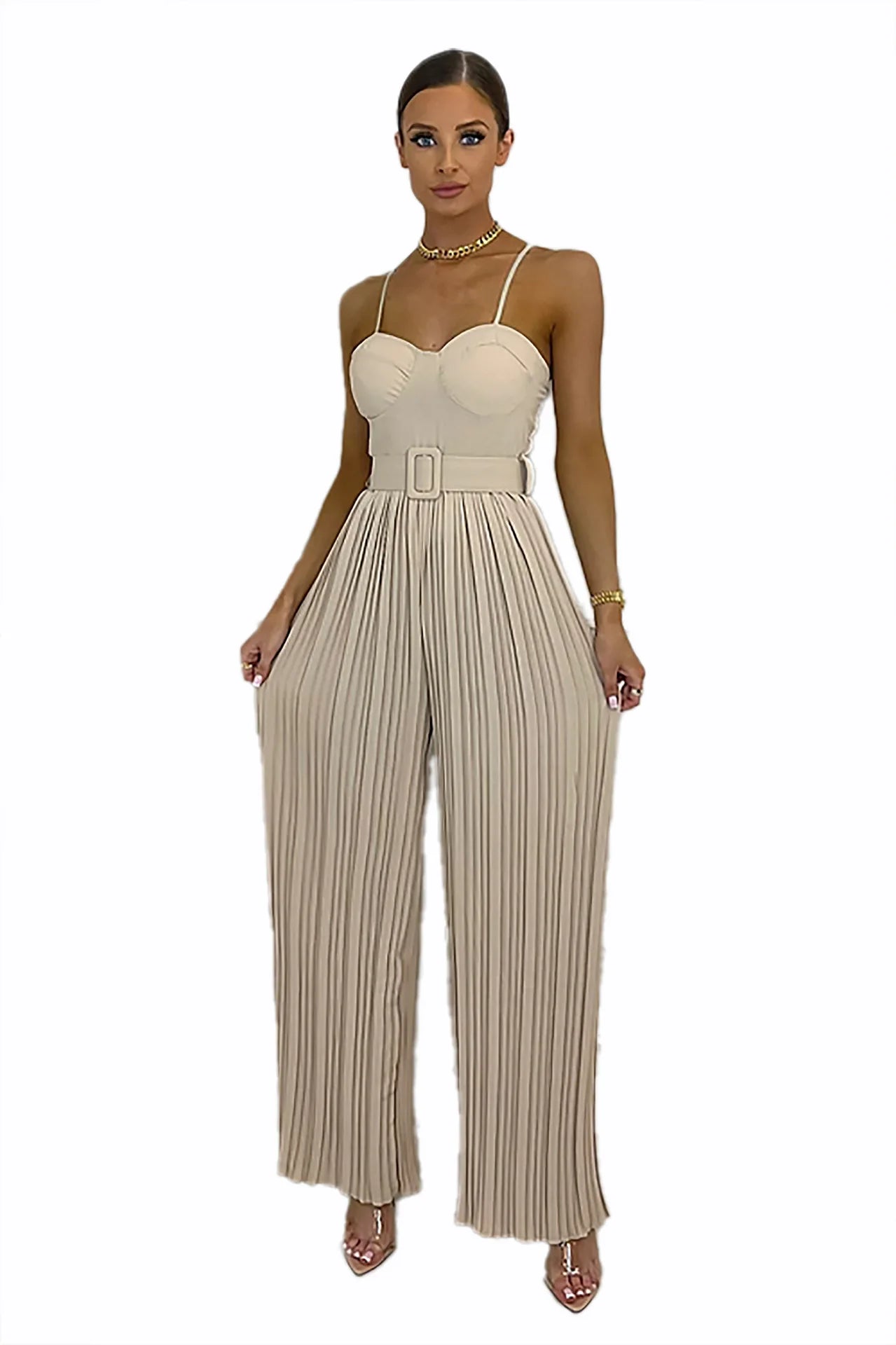 Summer Casual Suspenders Long Jumpsuit Women Fashion Solid  Sleeveless Sashes Pleated Wide Leg Jumpsuit Women