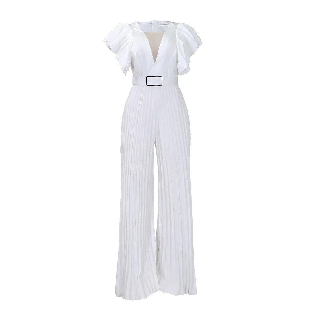 Women's 2024 summer new fashion patchwork sexy pleated high waist loose wide leg jumpsuit