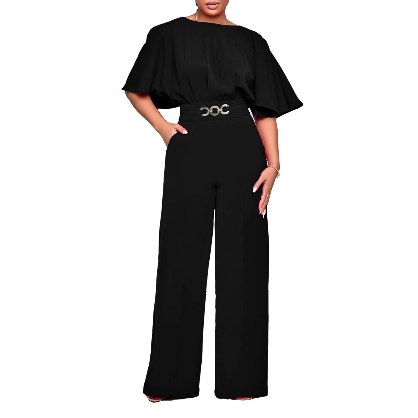 Round neck solid color high waist jumpsuit