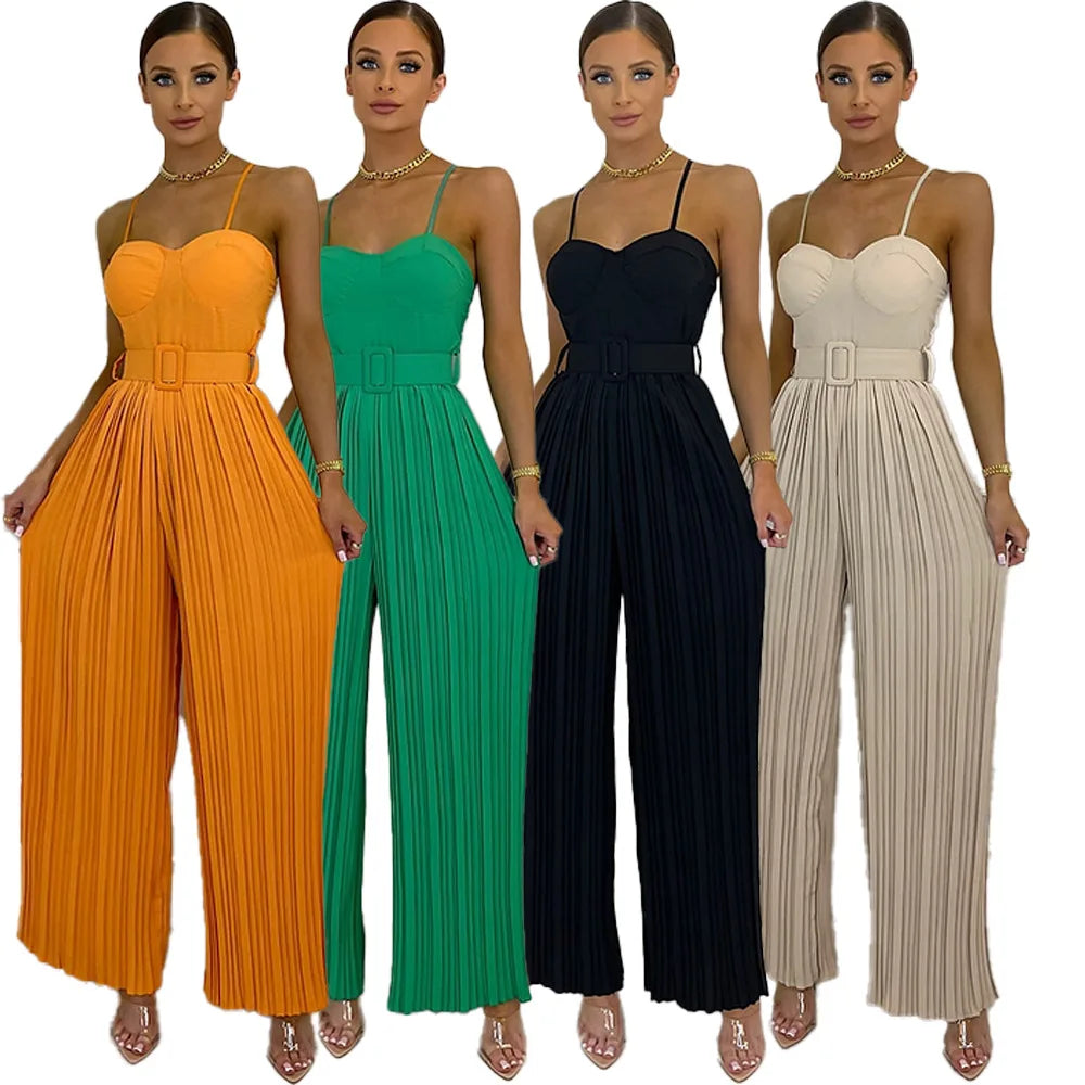 Summer Casual Suspenders Long Jumpsuit Women Fashion Solid  Sleeveless Sashes Pleated Wide Leg Jumpsuit Women