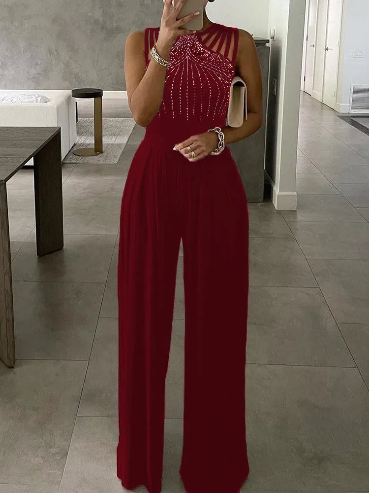 Women's Diamond Printed Jumpsuit Hollowed Out Sleeveles Shoulder Length Waist Up Autumn Women's Wide Leg Sparkling Club Jumpsuit