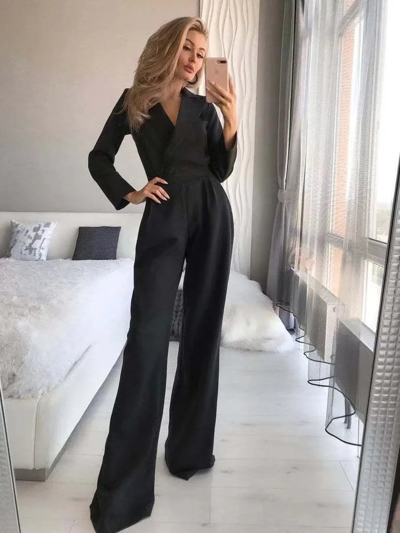 Women Jumpsuits Long Sleeve V Neck Rompers Overalls One Piece Wide Leg Pants Slight Strech Office Lady Solid New Chinese