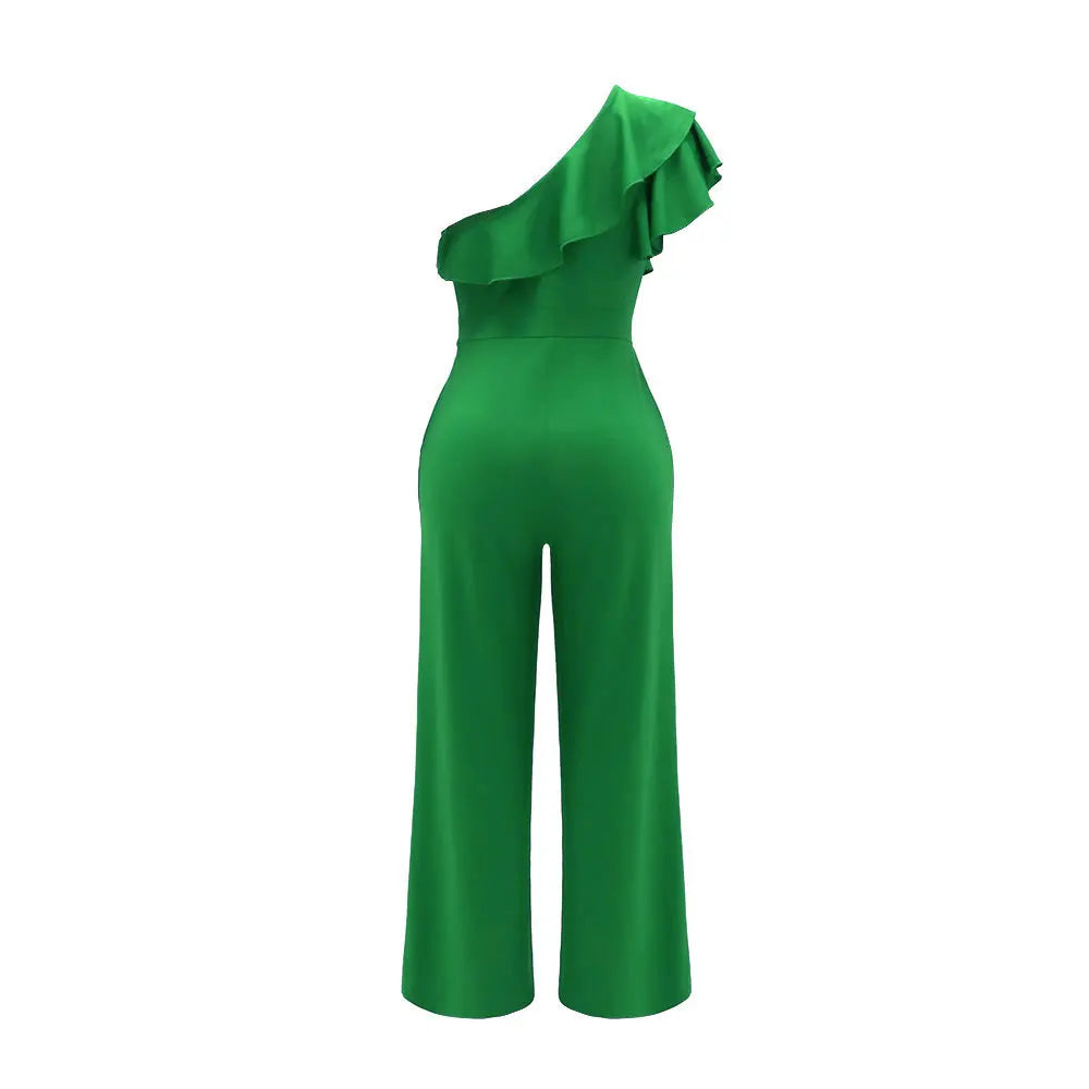 Women Elegant Solid One Shoulder Wide Leg Jumpsuit Ruffle Jumpsuit, Fashion Solid jumpsuits For Spring &Summer, women's Clothing