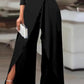 Women's Jumpsuit Pleated Cold Shoulder Long Sleeved Slit Hem High Waisted Wide Leg Casual Elegant Jumpsuit