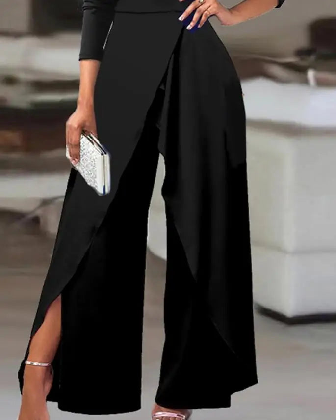 Women's Jumpsuit Pleated Cold Shoulder Long Sleeved Slit Hem High Waisted Wide Leg Casual Elegant Jumpsuit