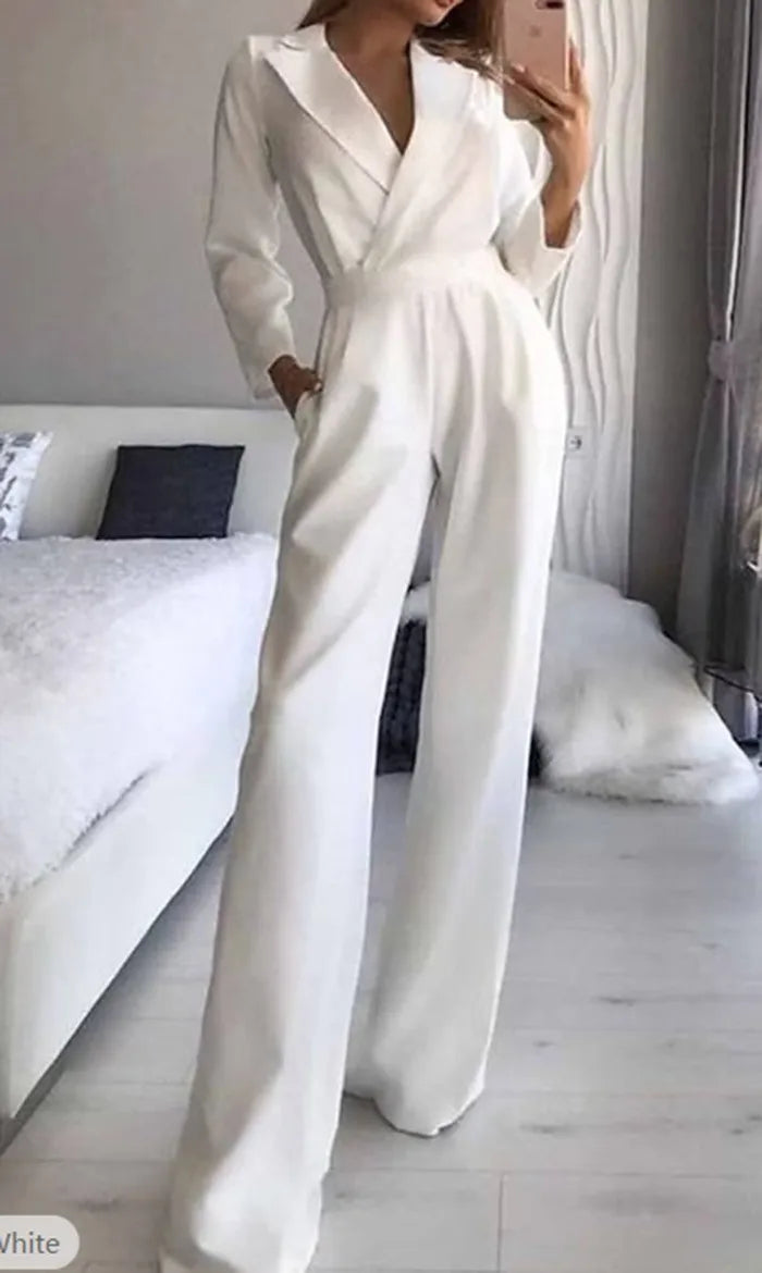 Women Jumpsuits Long Sleeve V Neck Rompers Overalls One Piece Wide Leg Pants Slight Strech Office Lady Solid New Chinese