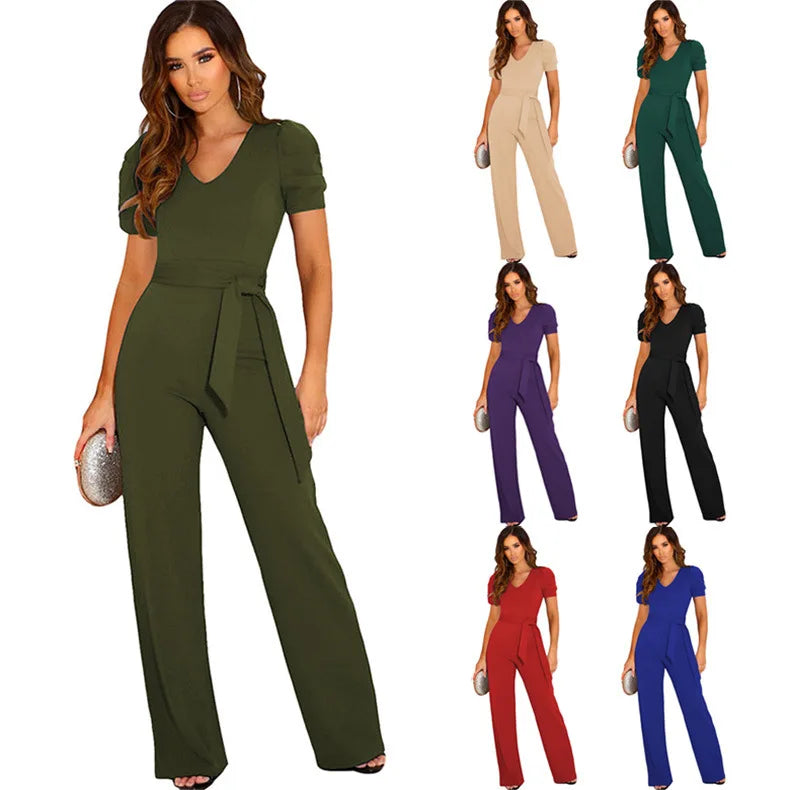 2024 Summer Jumpsuit Women's V-neck Short Sleeve Wide Leg Long Pants Jumpsuit De Mujeres Kombinezony Mono Elegantes Mujer