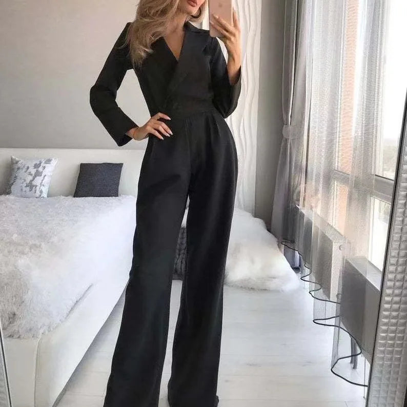 Women Jumpsuits Long Sleeve V Neck Rompers Overalls One Piece Wide Leg Pants Slight Strech Office Lady Solid New Chinese