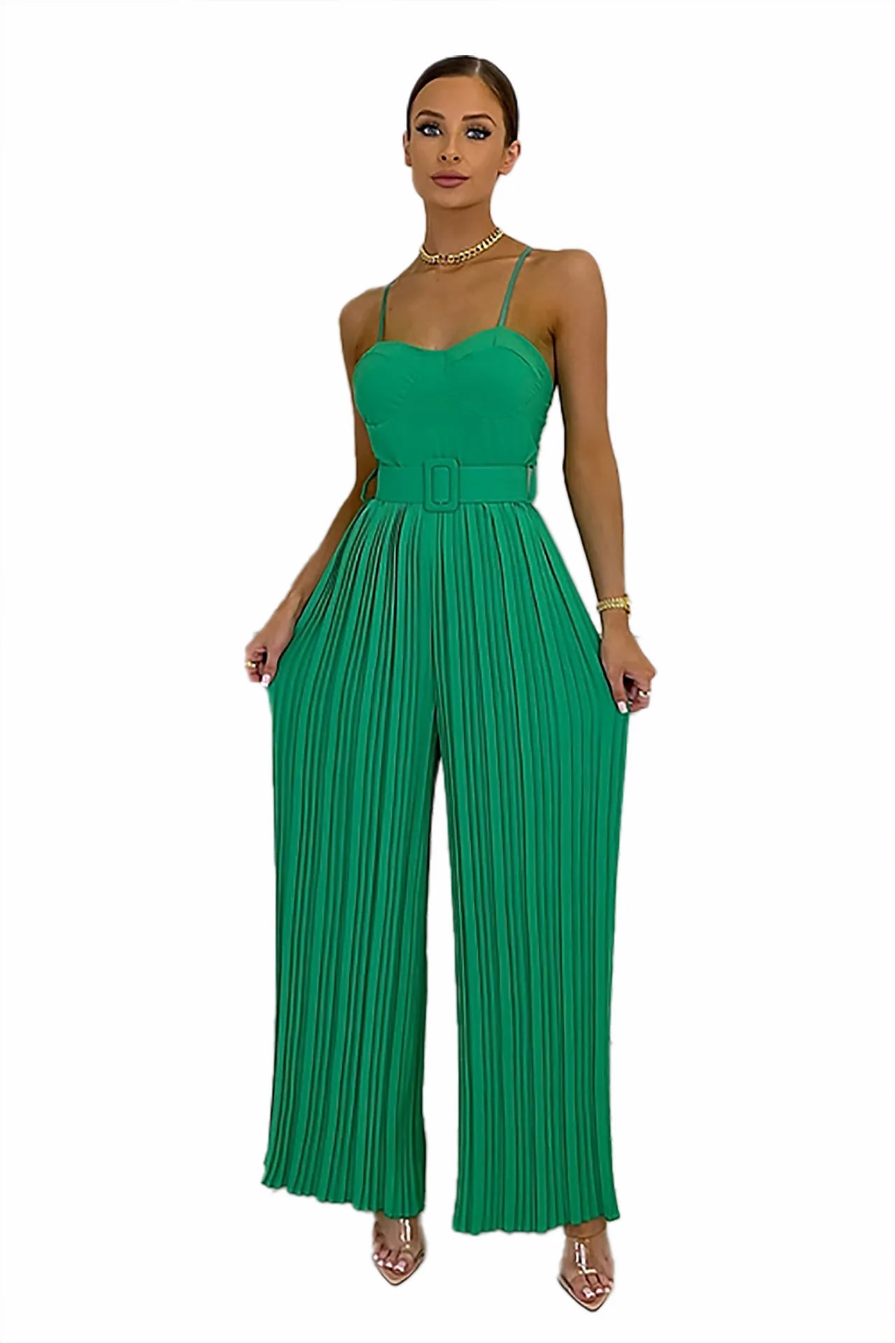 Summer Casual Suspenders Long Jumpsuit Women Fashion Solid  Sleeveless Sashes Pleated Wide Leg Jumpsuit Women